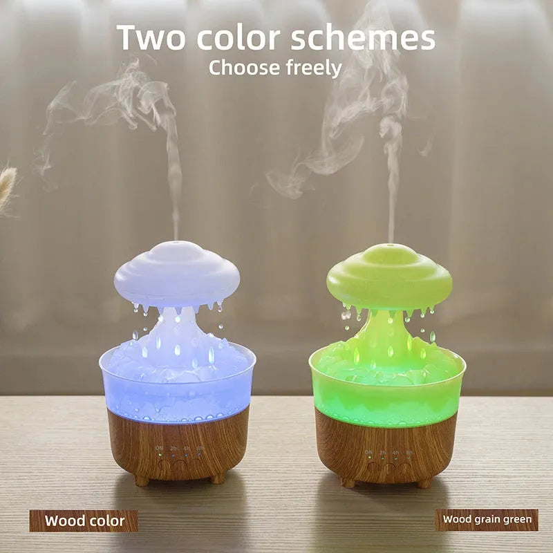 Wood grain cloud humidifier with LED lights and water drop rain sounds
