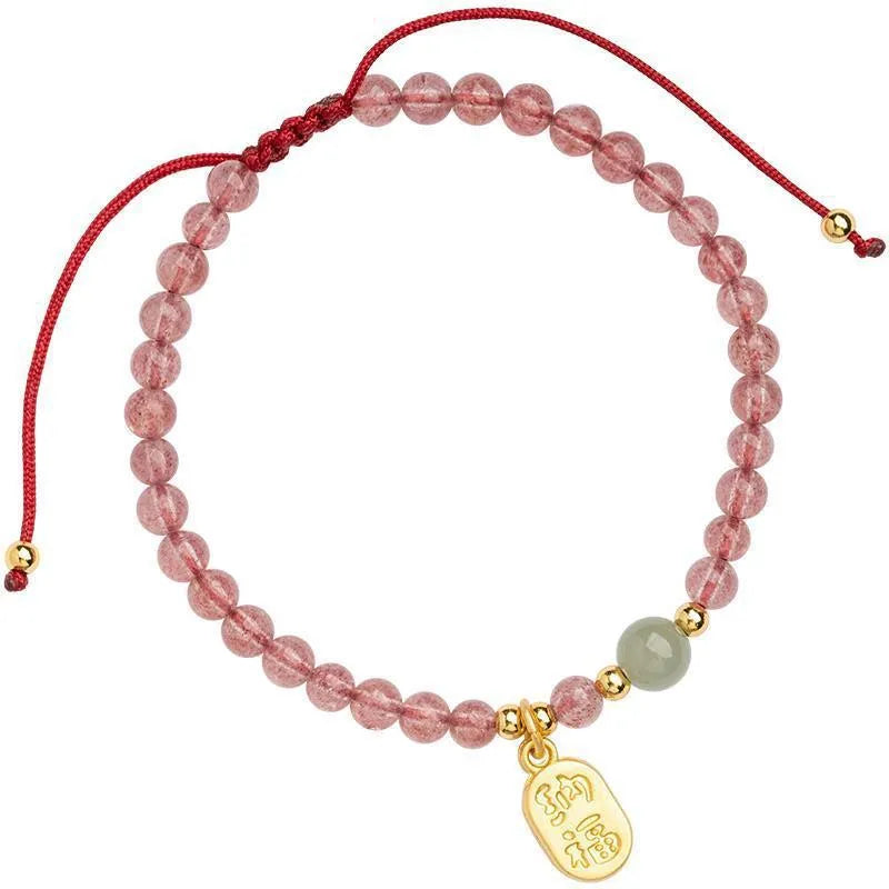 Hand-woven red rope bracelet with strawberry quartz and garnet beads for women
