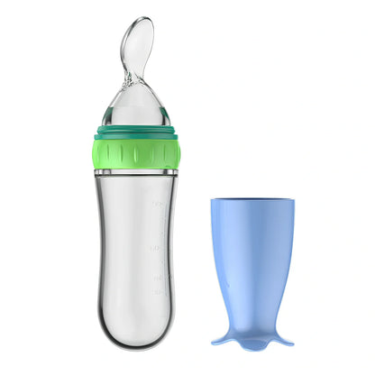 Blue baby spoon bottle feeder, 120ml capacity, food-grade silicone and PP, for 3 months semi-liquid feeding