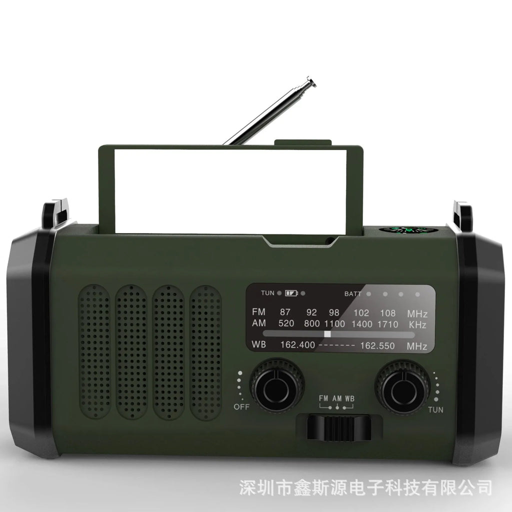 Outdoor emergency solar charging flashlight with FM/AM radio, compass, and wrist strap in army green ABS casing