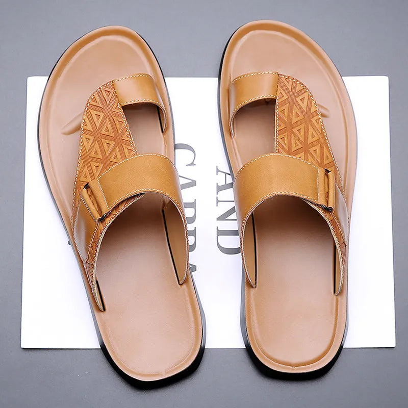 Men's simple cowhide beach slippers with open toe and rubber sole in light brown.