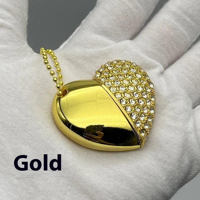 Heart-shaped metal USB flash drive with a brick pattern design, showing front and side views.