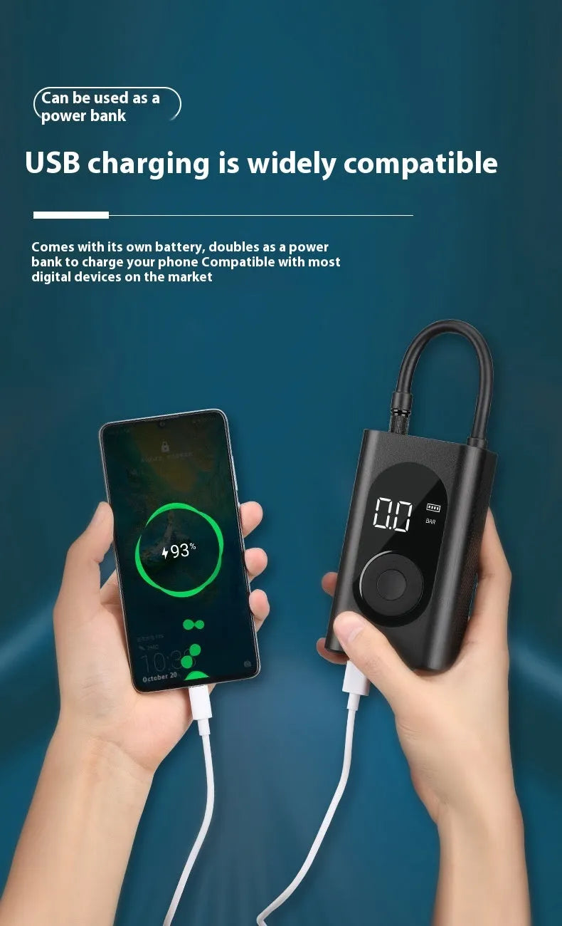 Handheld mini portable tyre pump with USB charging cable for car, motorcycle and bicycle inflation