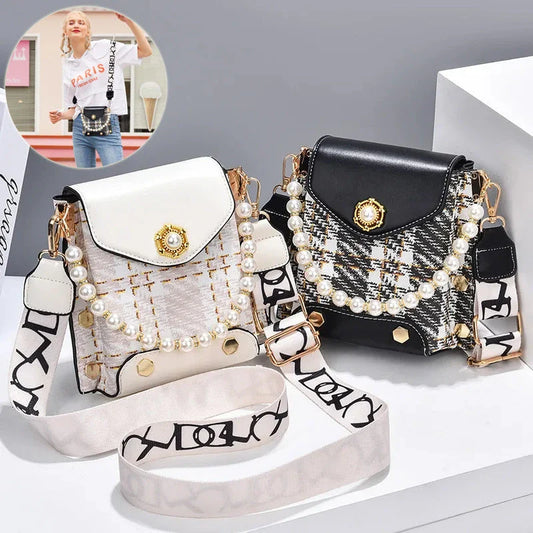 Stylish crossbody bag with pearl chain, made of durable PU leather and available in multiple colors