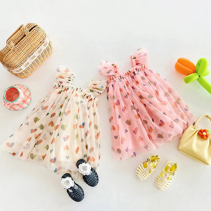 Summer cute heart print mesh girl dress with cotton lining, pink love heart colour, Korean style, suitable for 80-130cm height