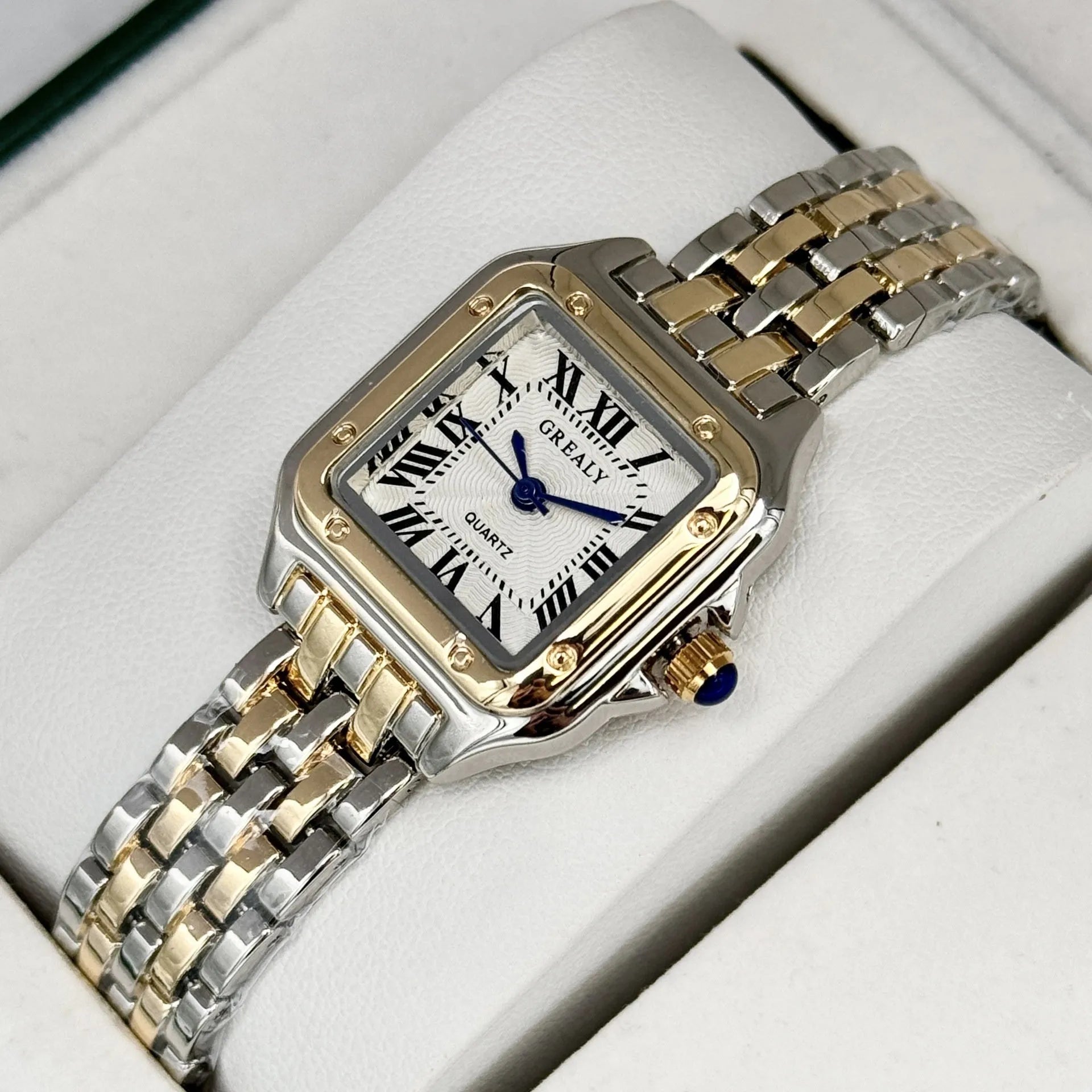 Waterproof women's square watch with alloy band and mineral glass mirror, gold white colour