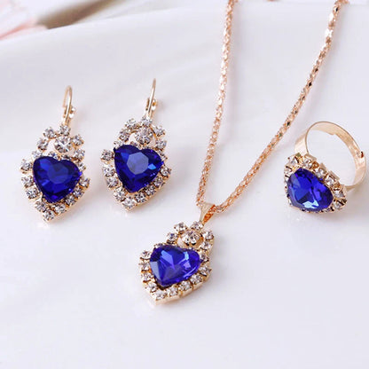 Water drop rhinestone jewellery set with adjustable necklace, earrings, and ring in various colours