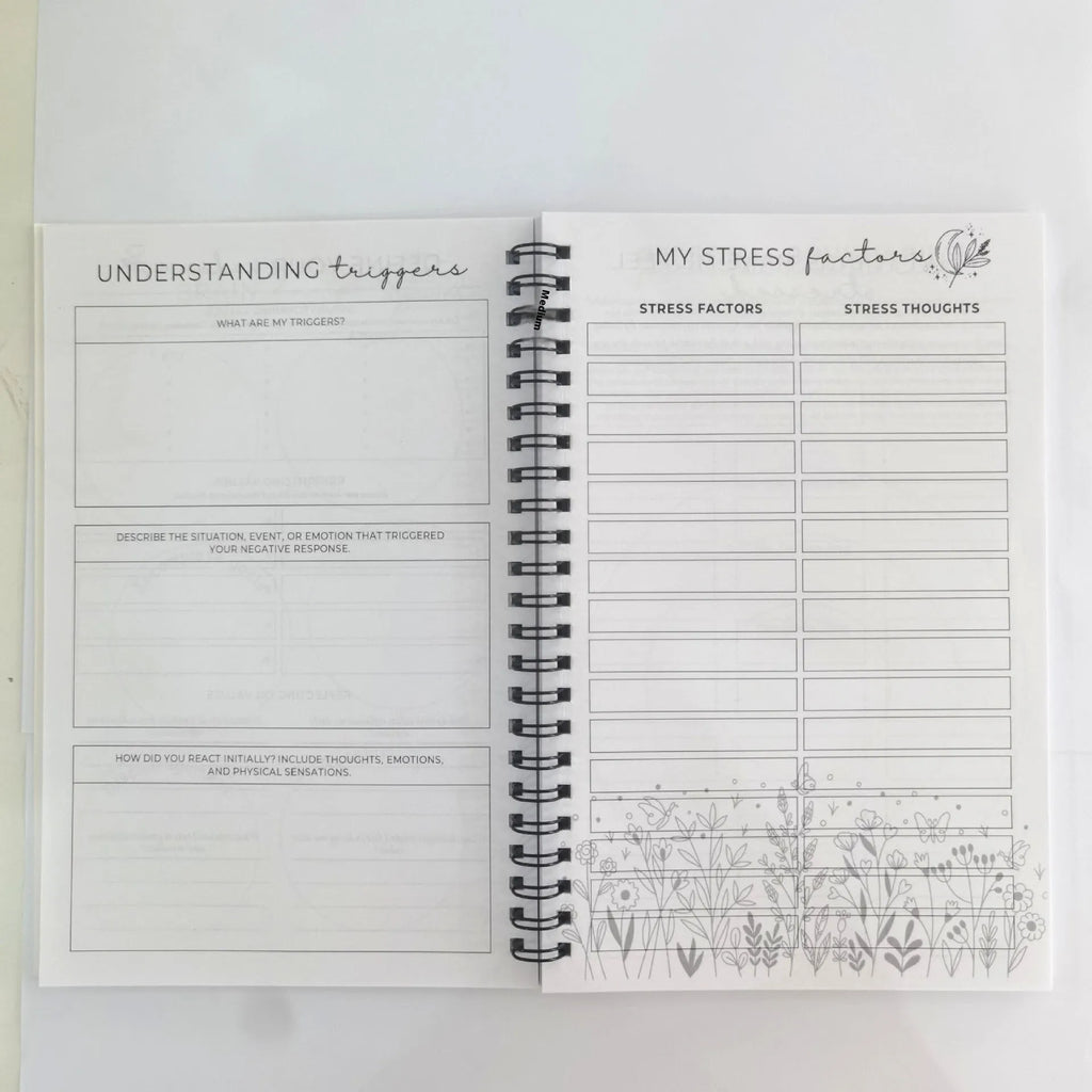 Pink brain mental health planning notepad with coil binding, A5 size, paper cover