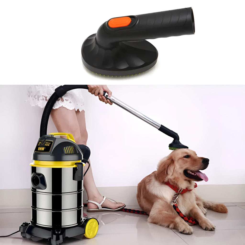 Green and black pet grooming brush vacuum attachment with soft TPE bristles and rotatable head