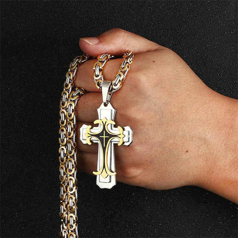 Men's Christian Trinity Latin Cross Necklace in stainless steel with three layers