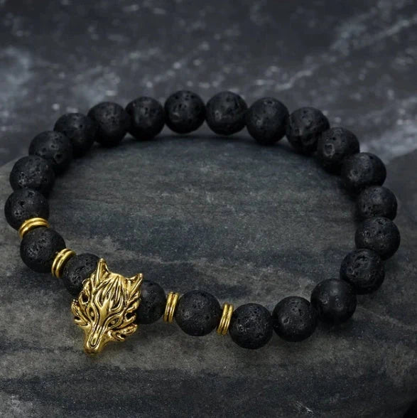 Asgard Crafted Grey Wolf Head and Lava Stone Bracelet in silver and gold options