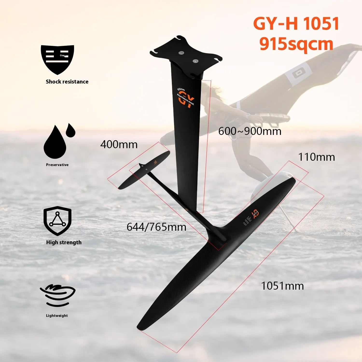 Black carbon fibre hydrofoil surfboard with aluminium racing wing