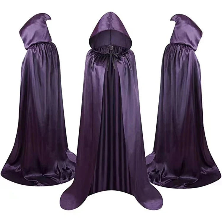 Premium hooded Halloween cape cloak made of luxurious satin fabric, available in black, gold, and purple colors, and various sizes to fit children.