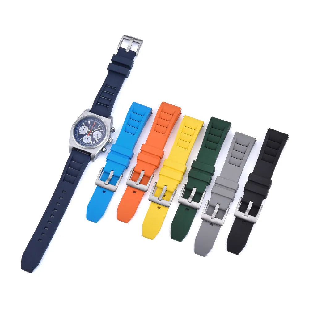 Breathable fluororubber watch strap in black, 22mm width, with wind disassembly design