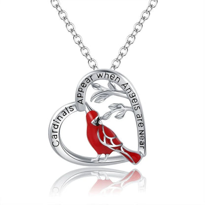 Heart shaped cardinal pendant necklace with silver water wave chain