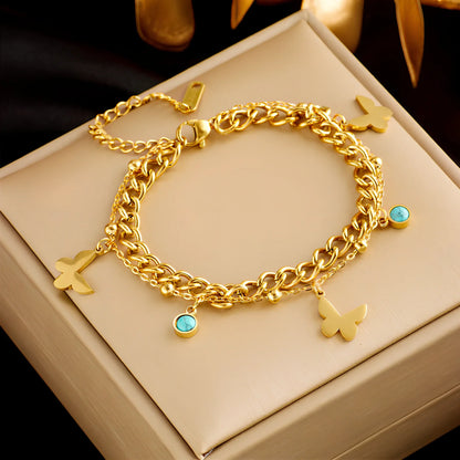 Gold plated titanium steel double-layer snake chain bracelet with five-pointed star charm