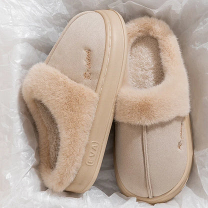 Winter fluffy slippers with non-slip soles in pink, khaki, white, and grey