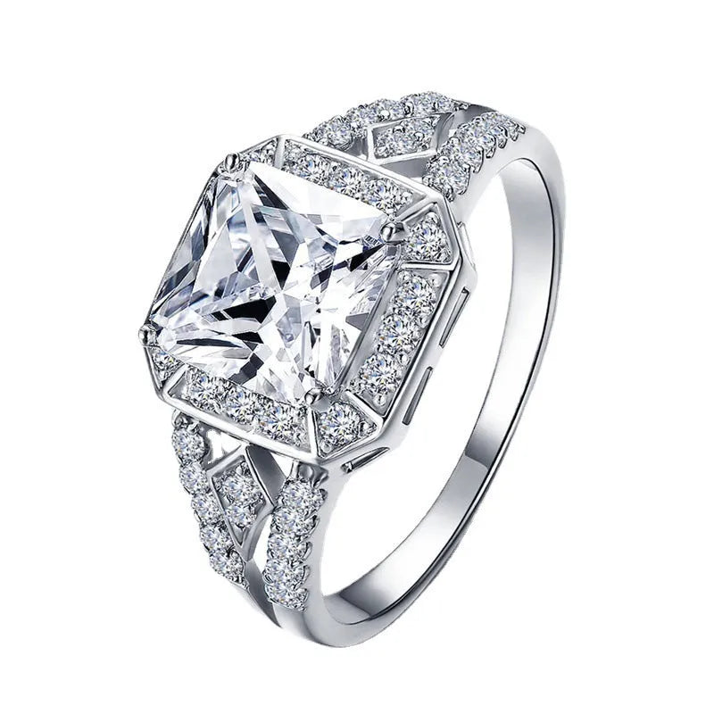 Women's geometric zircon ring with hollow quadrilateral design in platinum-colour copper