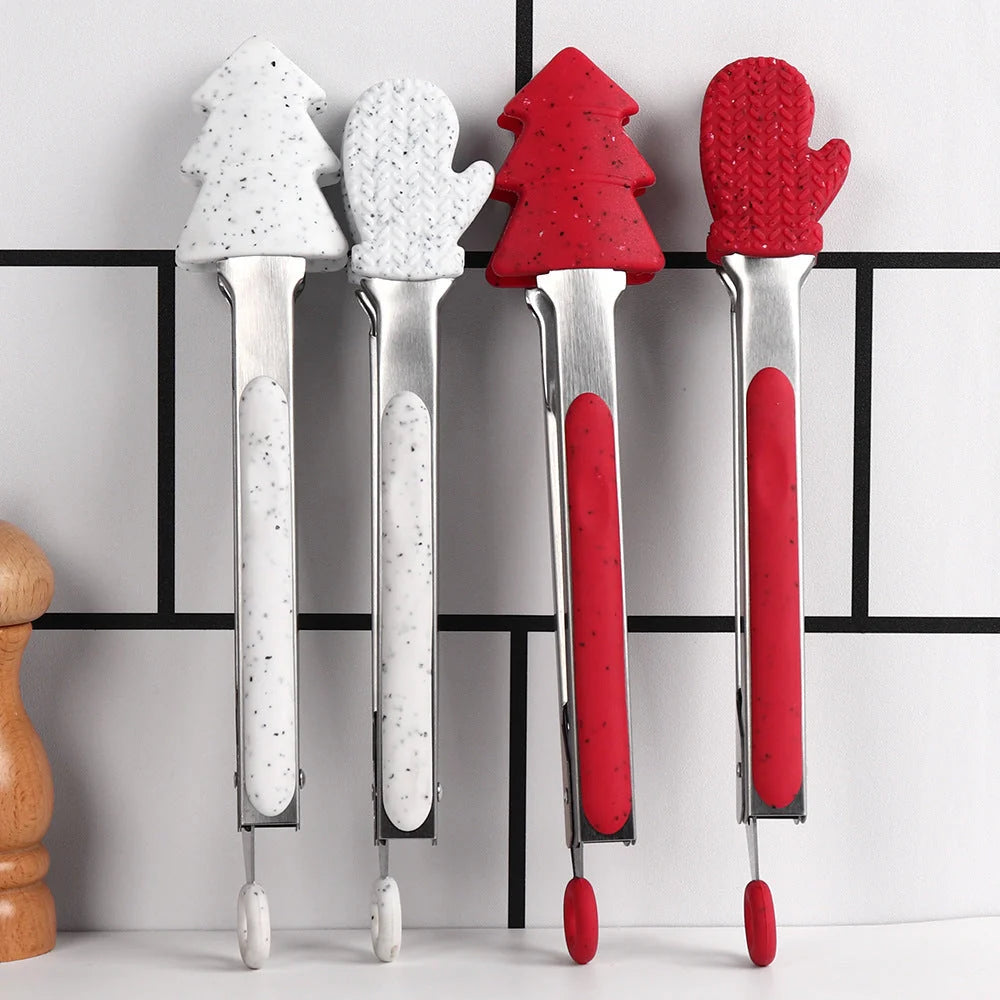 Christmas-themed silicone kitchen tongs set with heat resistance for safe cooking