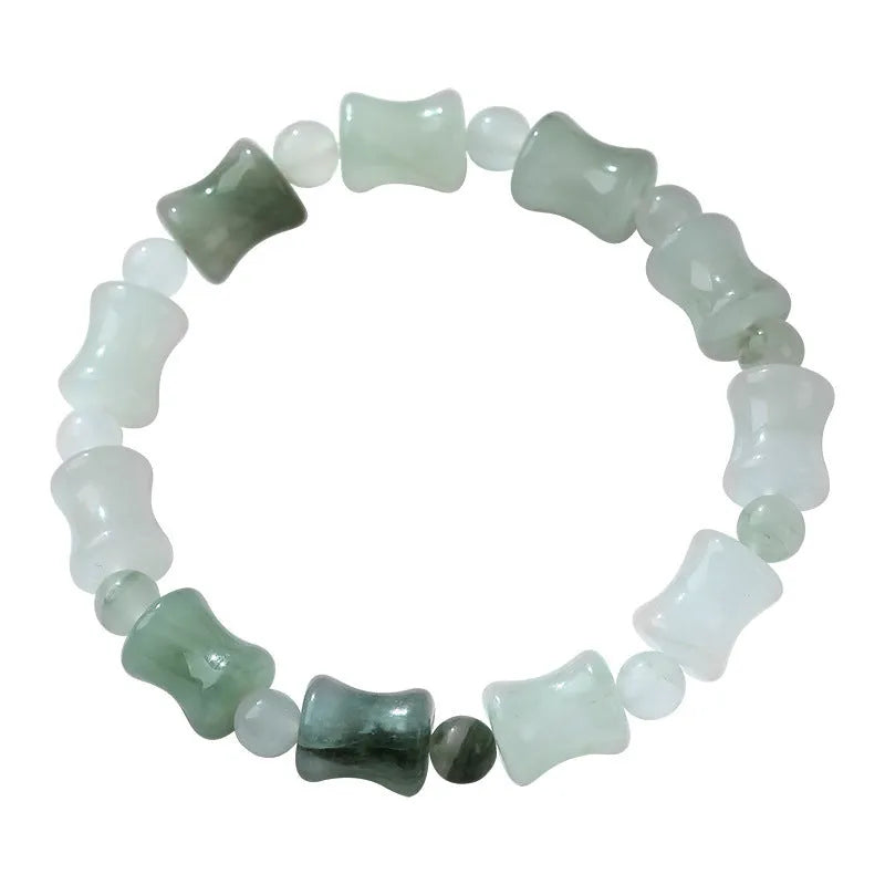 Tianshan Emerald and natural chalcedony diamond-cut beaded bracelet with coconut shell beads and a safety lock.