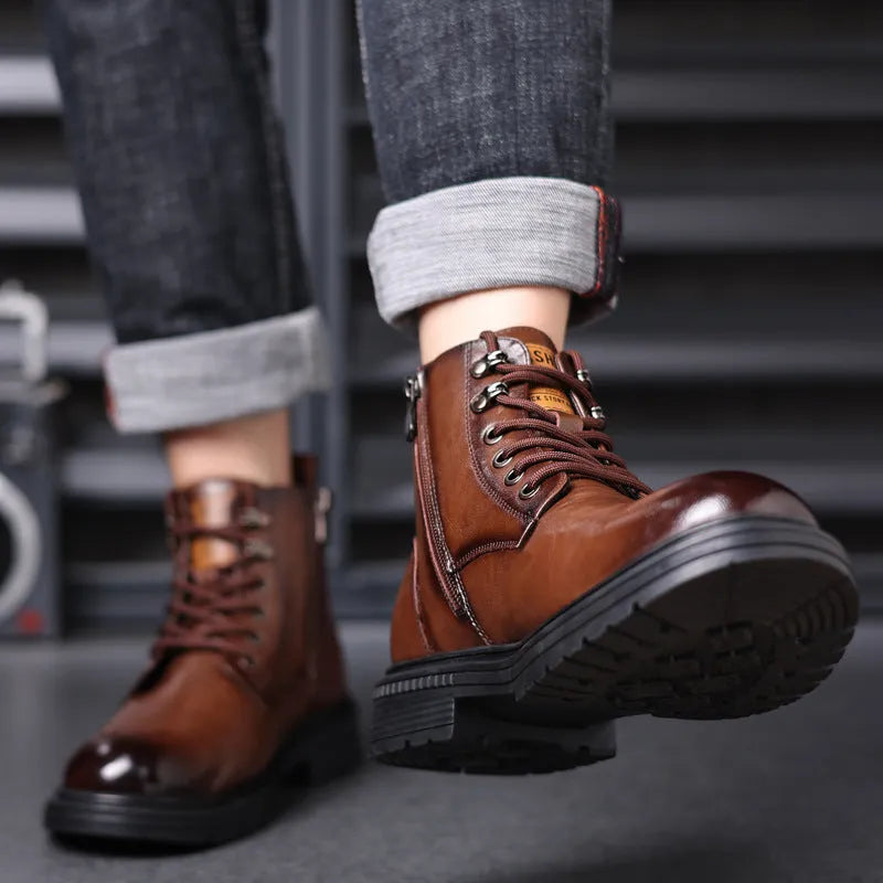 Men's Fashion Haulage brown cowhide leather booties low heel 1-3cm side view
