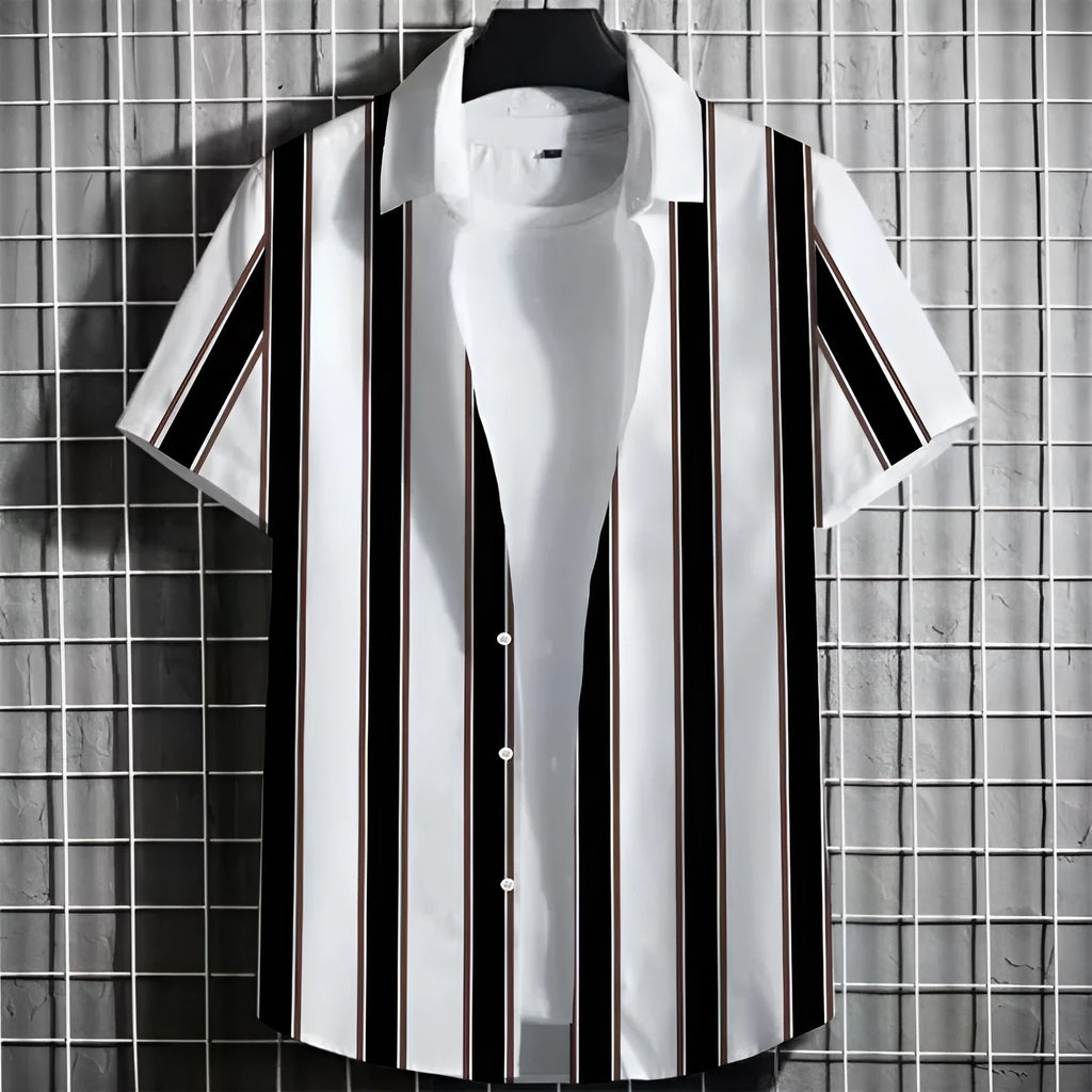 Linen men's short sleeve t-shirt with 3D printed striped pattern on a mannequin
