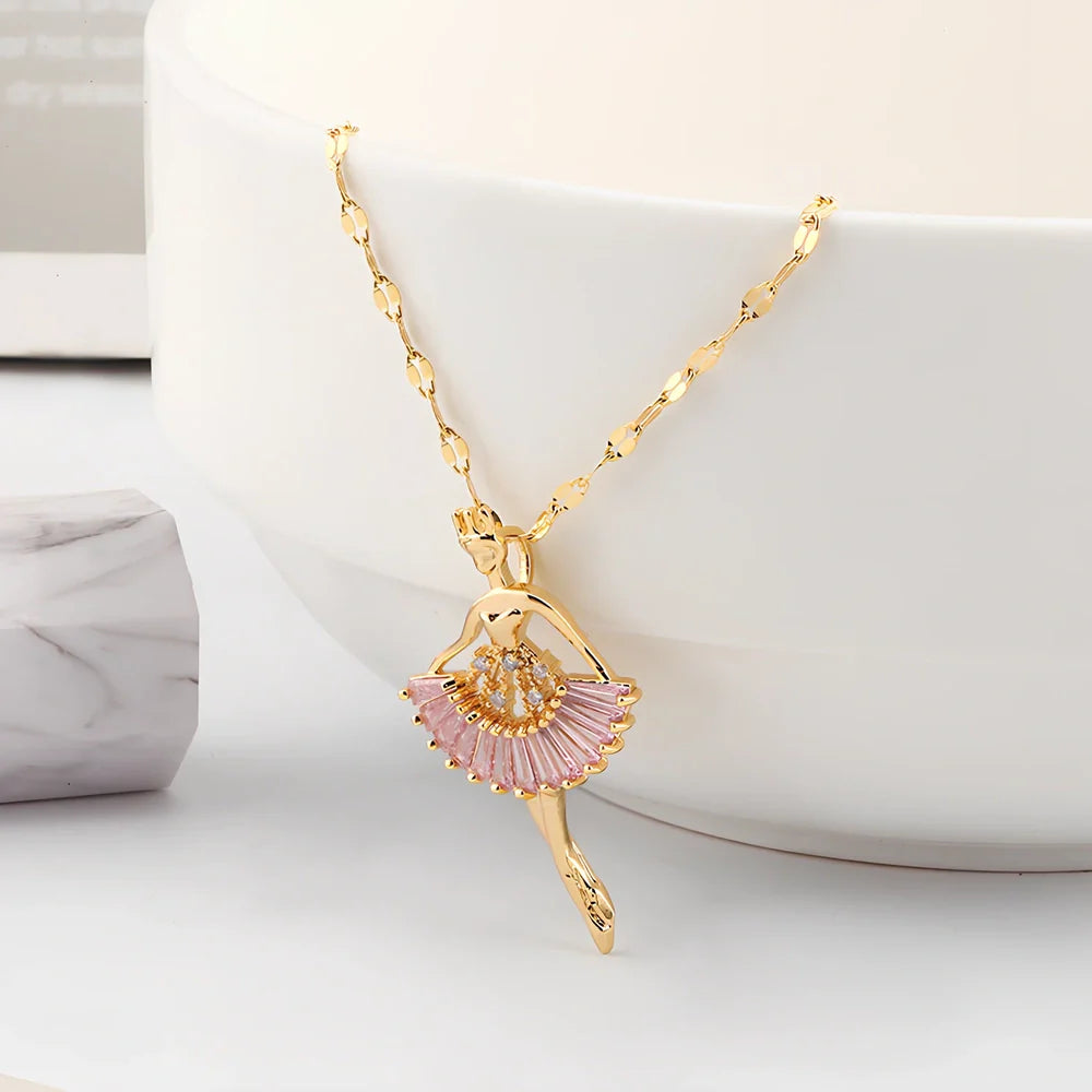 Gold titanium steel ballet girl necklace with rhinestone inlays on 40cm chain, adjustable to 45cm for women