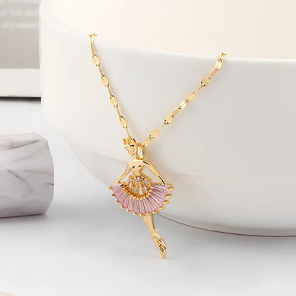 Gold titanium steel ballet girl necklace with rhinestone inlays on 40cm chain, adjustable to 45cm for women