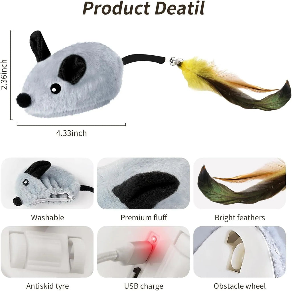 Grey and yellow rechargeable LED automatic moving cat mouse toy with feather and bell tail on floor