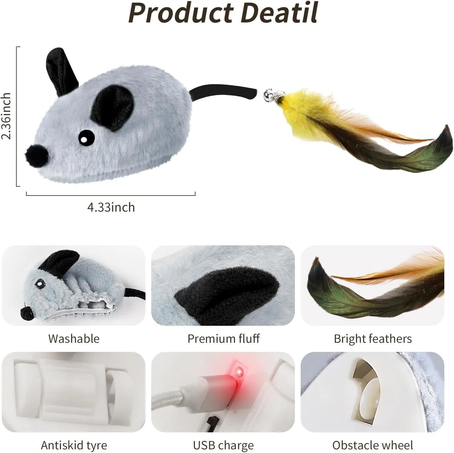 Grey and yellow rechargeable LED automatic moving cat mouse toy with feather and bell tail on floor