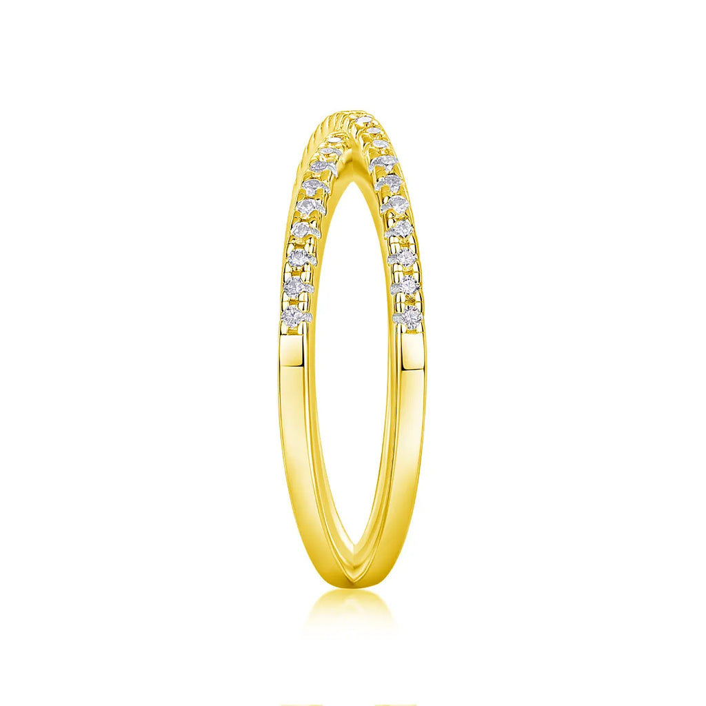 Love Interwoven moissanite wedding ring set in gold finish, S925 silver platinum plated, on white background with gift box.