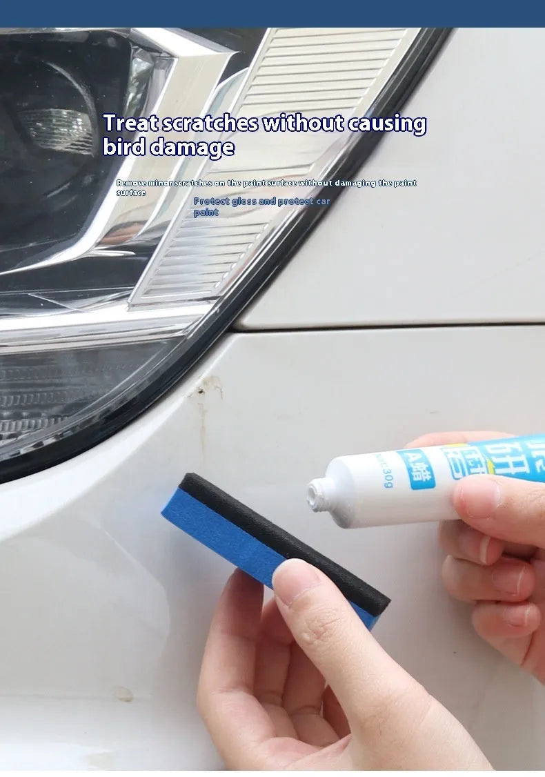 Car repair wax kit with bottles of A and B wax and an abrasive sponge mop for scratch removal and polishing.