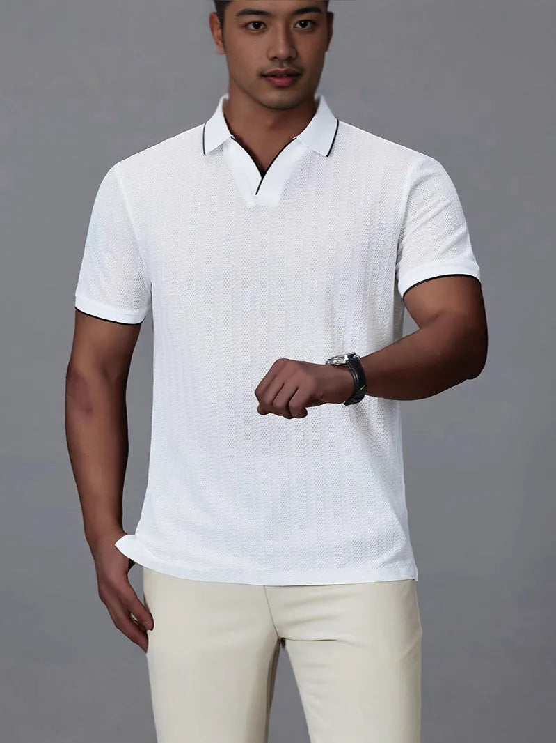 Men's loose-fitting short-sleeved polo shirt in thin nylon ice silk fabric, shown in black colour.