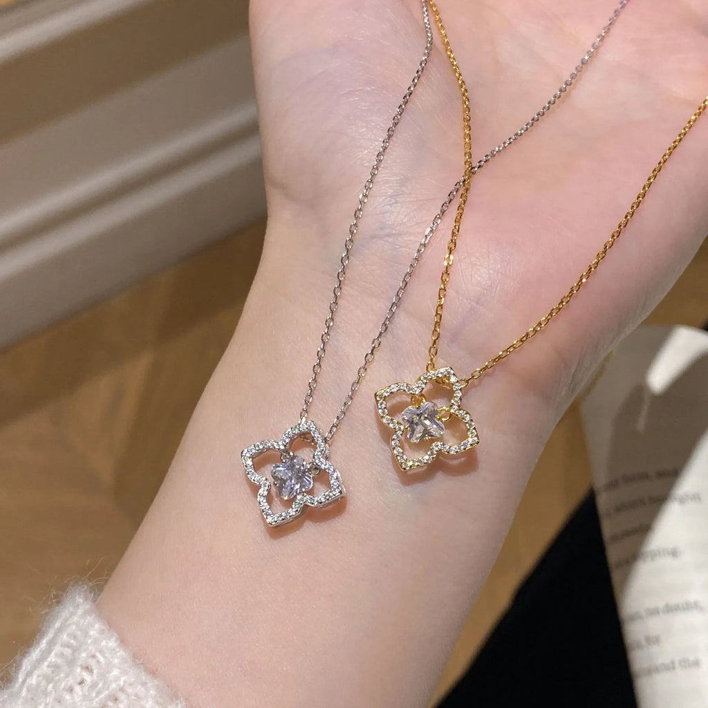 925 silver curb chain collarbone necklace with floral geometric zirconium pendant in platinum colour