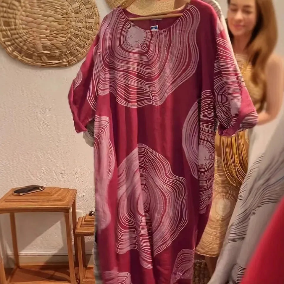Women's round neck abstract 3D effect print dress with A-line skirt, mid waist, in red colour, polyester fabric