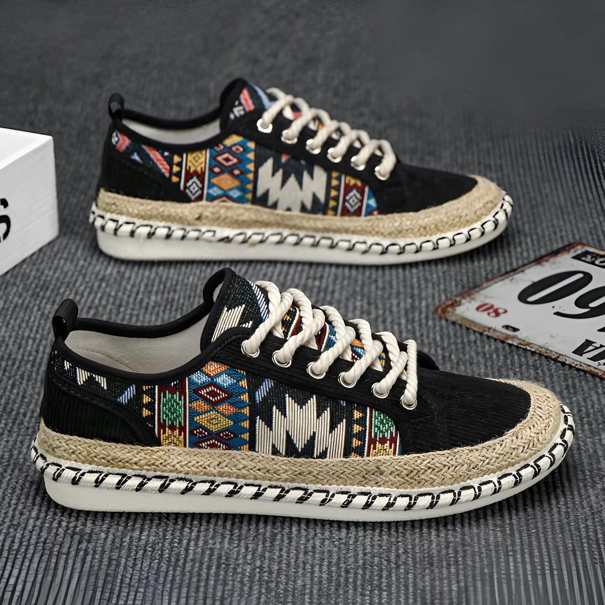 Men's beige and black casual cloth shoes with round toe design for summer