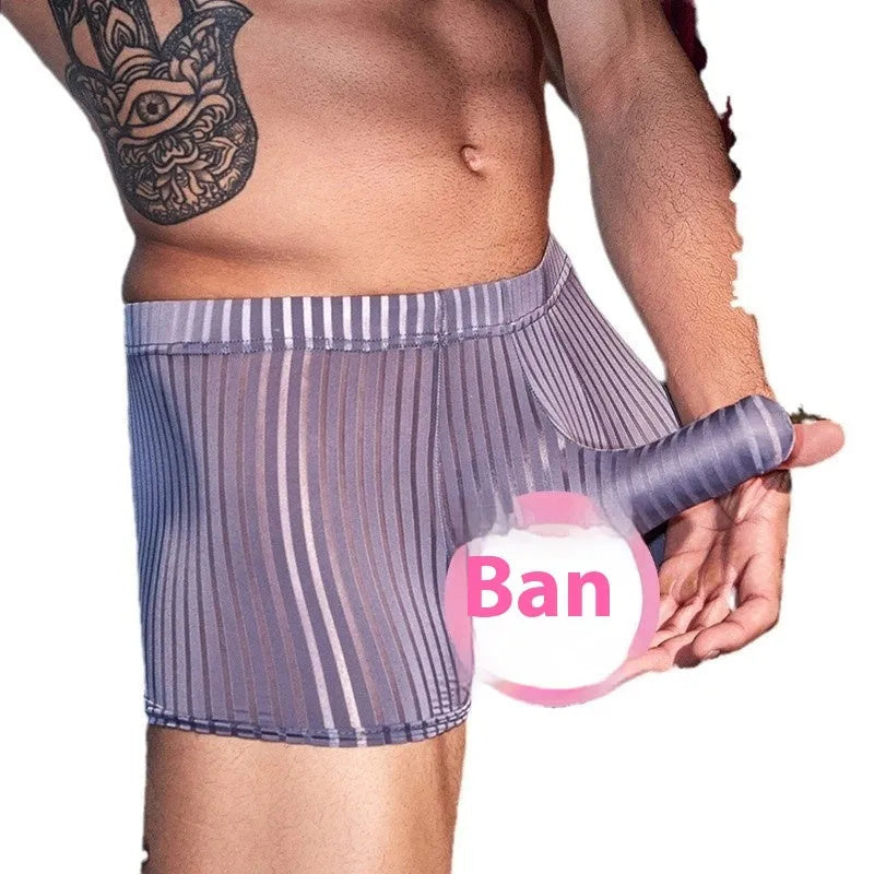 Men's black striped nylon boxer briefs laid flat, showing high elastic waistband and leg bands.