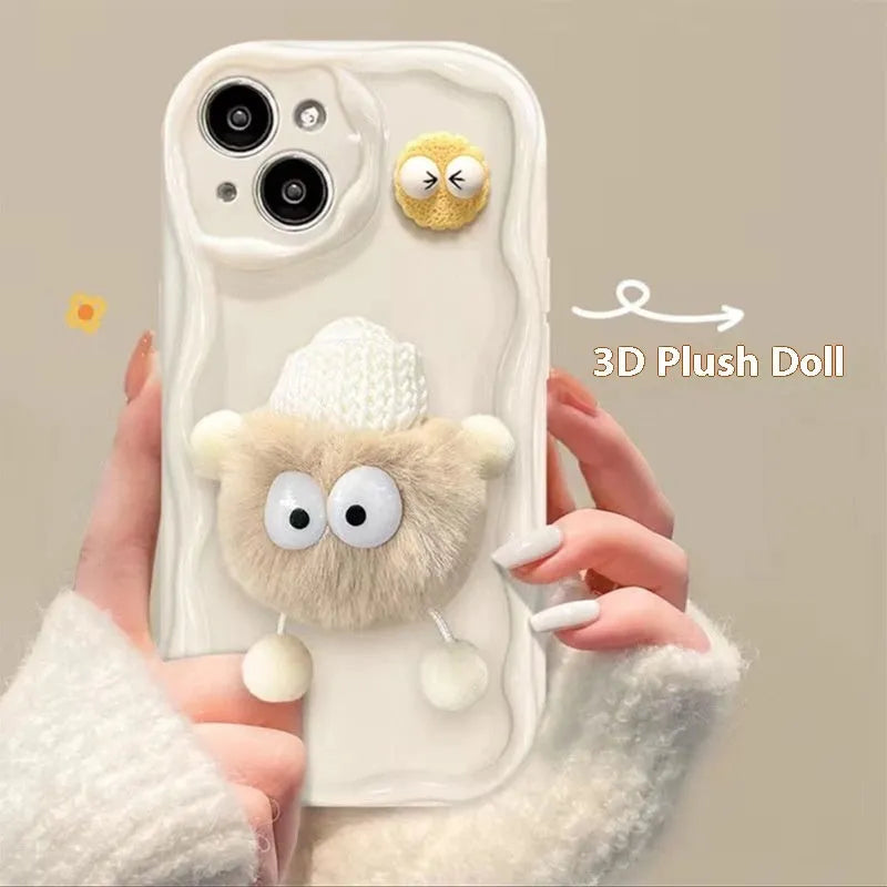 Cartoon cute plush hat doll TPU phone case for iPhone in cream shell-little devil fur ball beige style