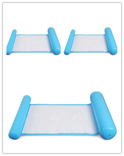 Inflatable water lounge chair in blue, floating in pool with hammock design visible