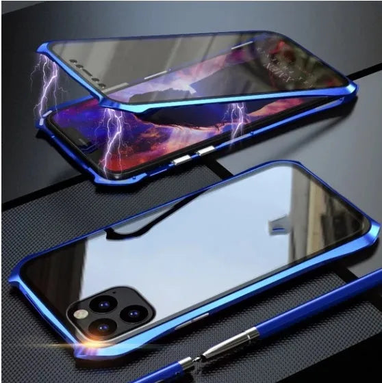 Metal back protective cover for iPhone 11 in black, red, blue, and silver colour options.