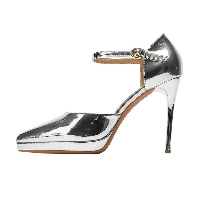 Pointed-toe platform high heels with 10.5cm stiletto heel in leather upper and hollow detail