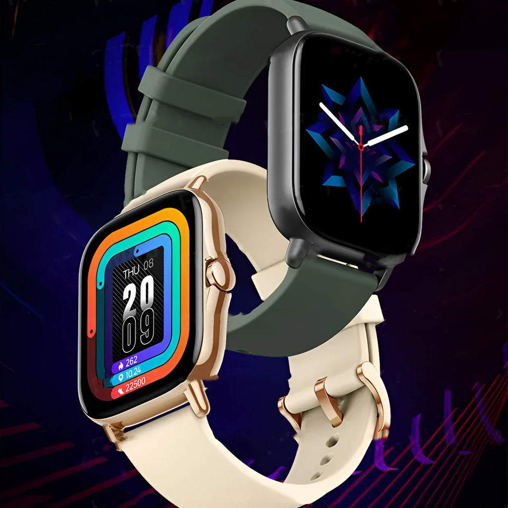 GT20 black smartwatch showing heart rate reading on its 1.75-inch screen.