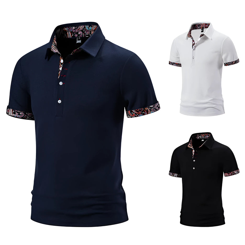 Men's white cotton blend polo shirt with a turnover collar and short sleeves on a hanger.