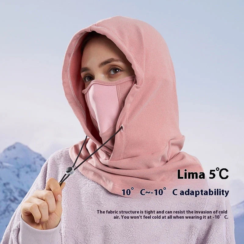 Versatile thermal fleece scarf in various colors, including black, dark gray, light gray, and pink, with adjustable drawstring and transformable design