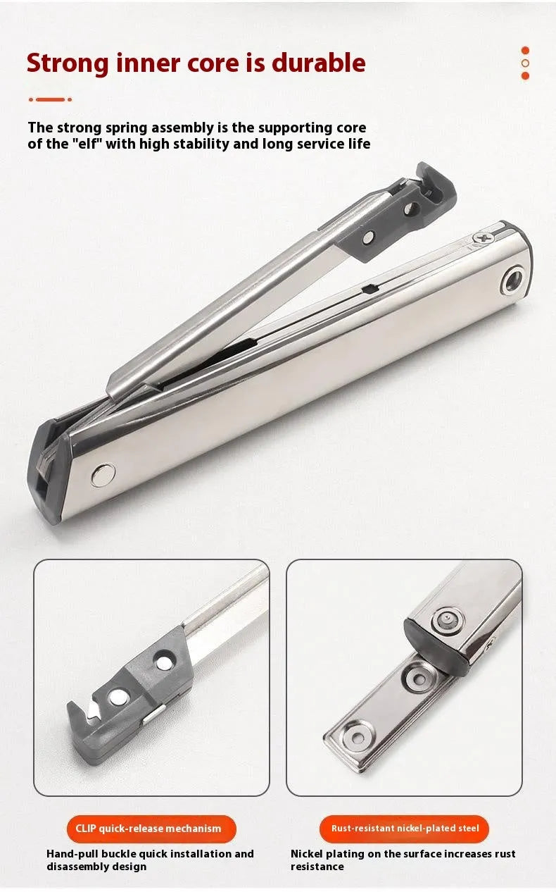 Cold rolled steel flap-up door support rod in natural stainless steel finish.