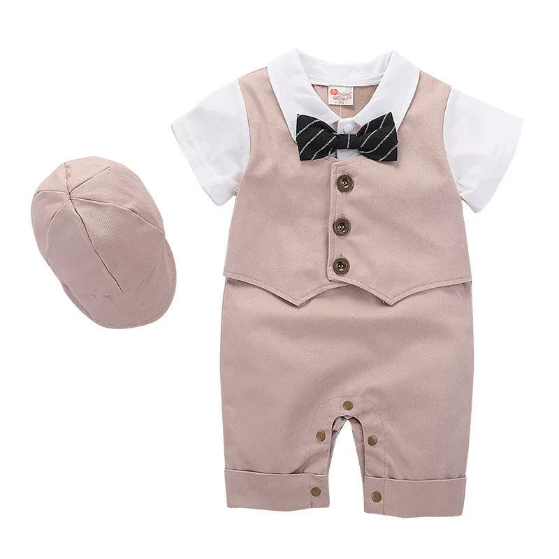 Cotton short sleeve baby romper for boys, black, with removable hood, British gentleman style