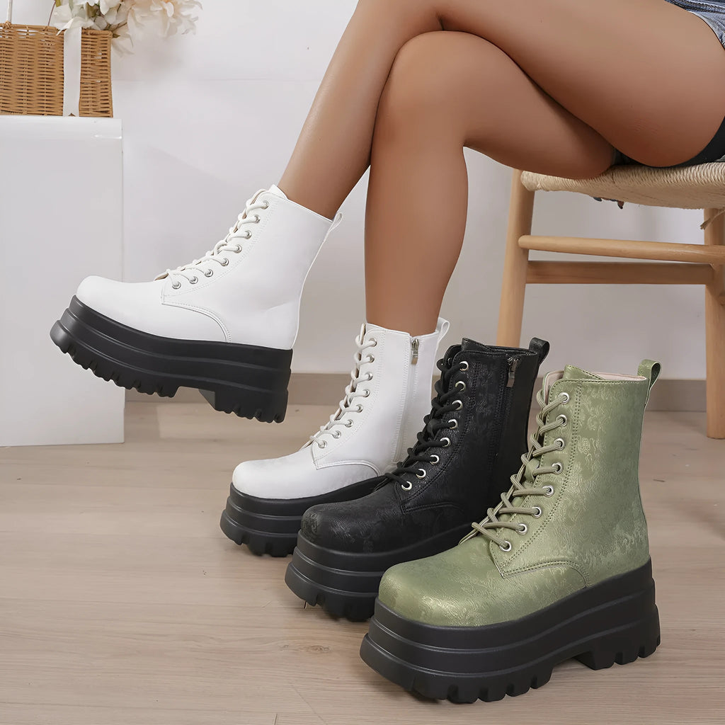 Women's white retro platform boots with patchwork PU upper, chunky heel, and side zipper.