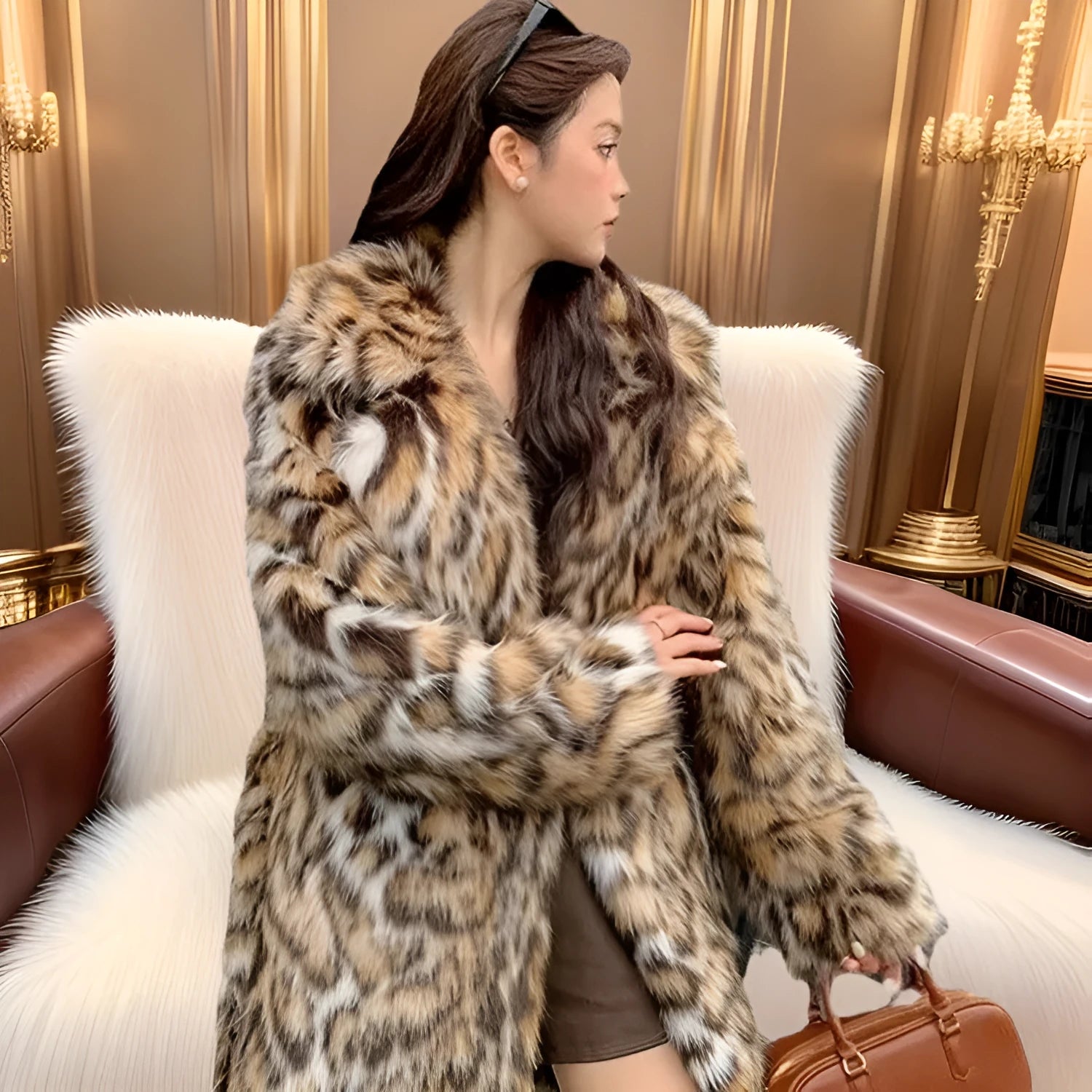 Faux fur street fashion coat with fur collar in long style with regular sleeves and pockets
