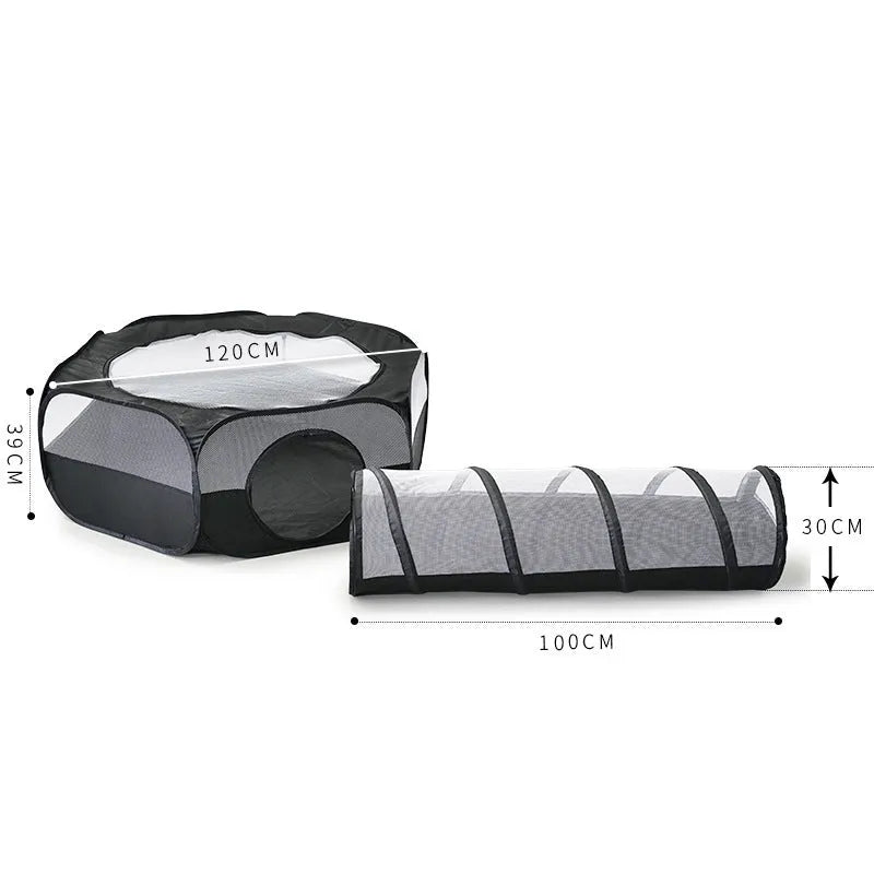 Grey foldable 30cm cat tunnel made of polyester, shown with a tent section and tunnel opening for indoor play