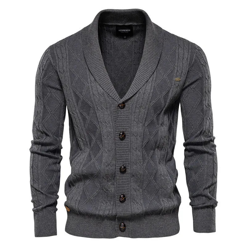 Men's cotton V-neck cardigan sweater with twisted flower detail in khaki, loose fit, long sleeves